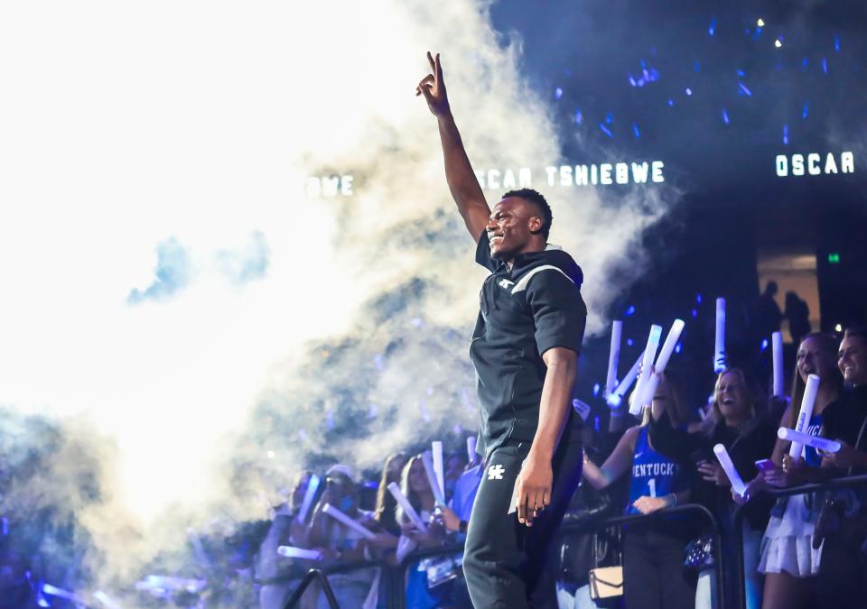 Kentucky Wildcats forward Oscar Tshiebwe smiles as he's introduced during Big Blue Madness Friday evening in Rupp Arena. Oct. 15, 2021 