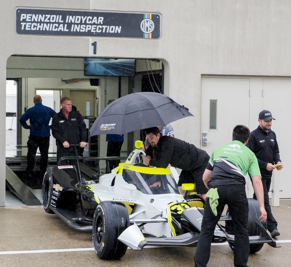 The car Ed Carpenter Racing driver Christian Rasmussen comes out of inspection Wednesday, May 15, 2024, during the second day of practice ahead of the 108th running of the Indianapolis 500 at Indianapolis Motor Speedway.