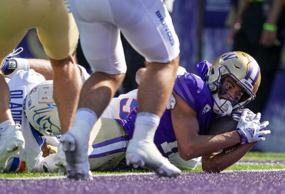 Washington wide receiver Jalen McMillan makes a reception at the 1-yard line against Boise State during the second half of an NCAA college football game Saturday, Sept. 2, 2023, in Seattle. (AP Photo/Lindsey Wasson)