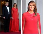 Melania deslumbró en la cena organizada por los Trump en honor a los duques de Cornualles en la Embajada de Estados Unidos en Londres con un espectacular vestido capa en color rojo con escote de lentejuelas en el mismo color. (Foto: Peter Summers / Getty Images / Chris Jackson / AFP / Getty Images).