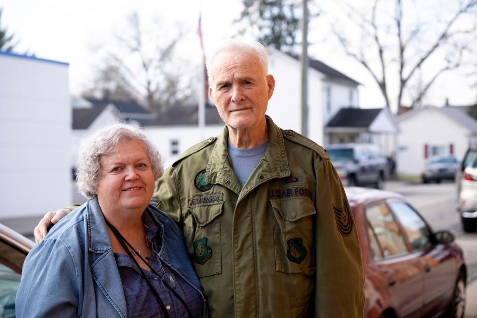 Kay, 74, and Tim Deininger, 76, stand outside the GOP headquarters in Clermont County.