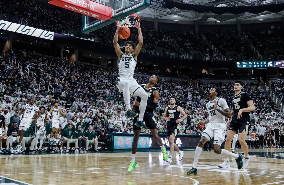 Michigan State guard Max Christie (5) dunks against Purdue during the second half at the Breslin Center in East Lansing on Saturday, Feb. 26, 2022.