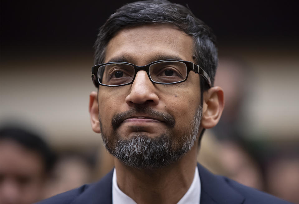 Google CEO Sundar Pichai appears before the House Judiciary Committee to be questioned about the internet giant's privacy security and data collection, on Capitol Hill in Washington, Tuesday, Dec. 11, 2018. Pichai angered members of a Senate panel in September by declining their invitation to testify about foreign governments' manipulation of online services to sway U.S. political elections. (AP Photo/J. Scott Applewhite)