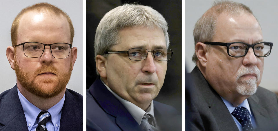 FILE - This photo combo shows, from left, Travis McMichael, William "Roddie" Bryan, and Gregory McMichael during their trial at at the Glynn County Courthouse in Brunswick, Ga. The white men convicted of hate crimes for chasing and killing Ahmaud Arbery as he ran in their Georgia neighborhood have been scheduled for sentencing this summer in federal court. U.S. District Court Judge Lisa Godbey Wood scheduled Aug. 1 sentencing hearings for all three men. Father and son Greg and Travis McMichael and their neighbor, William “Roddie” Bryan, each face a maximum penalty of life in prison. It's possible the sentencing date could change. Prosecutors asked the judge in a legal filing Tuesday, April 19, 2022 to postpone the hearings until later in August. (Pool, File)