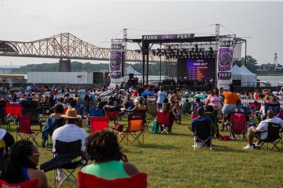 Hundreds of festivalgoers arrived early to get a spot on the lawn at the 2023 Funk Fest at Waterfront Park in downtown Louisville, Ky. on Friday, June 16, 2023