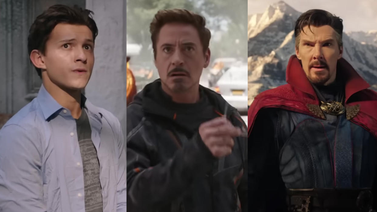  Tom Holland in Spider-Man: No Way Home, Robert Downey Jr. in Avengers: Infinity War, Benedict Cumberbatch in Doctor Strange in the Multiverse of Madness. 