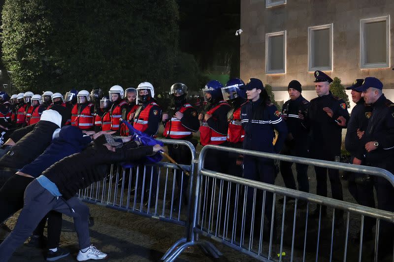 Supporters of the opposition attend an anti-government protest in front of Albanian PM Rama's office in Tirana