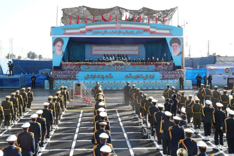 Iranian President Ebrahim Raisi delivers a speech during the ceremony of the National Army Day parade in Tehran