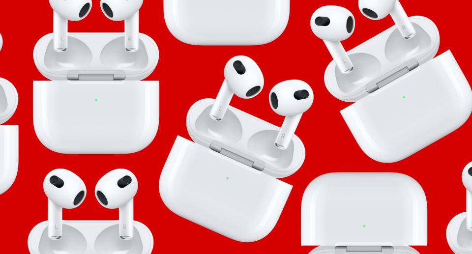 collage of 3rd generation Apple AirPods next to case on red background