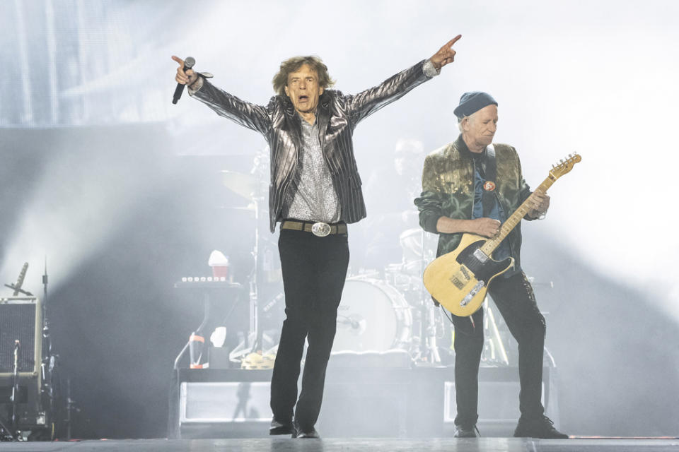 Mick Jagger, left, and Keith Richards of The Rolling Stones perform during the first night of the U.S. leg of their “Hackney Diamonds” tour on Sunday, April 28, 2024, in Houston. (Photo by Amy Harris/Invision/AP)