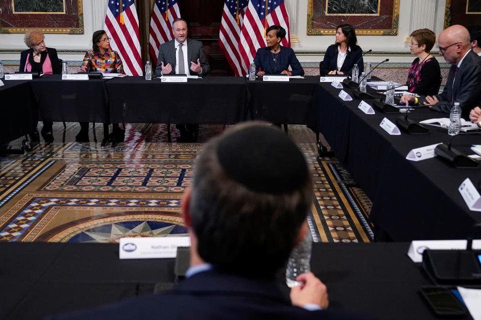 "I am proud to be Jewish. I'm proud to live openly as a Jew," said Doug Emhoff, husband of Vice President Kamala Harris, during a roundtable discussion with Jewish leaders at the White House.