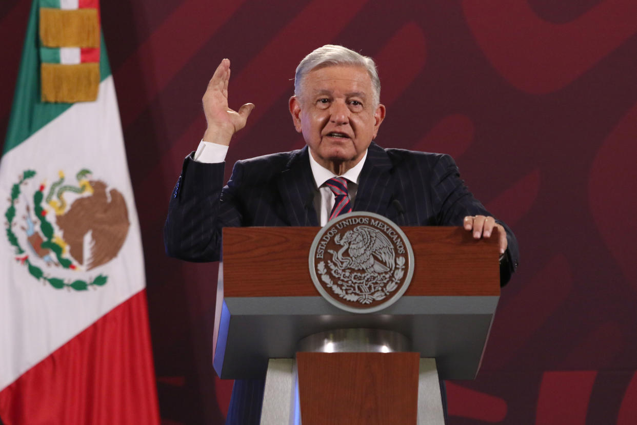 June 14, 2023, Mexico City, Mexico: Mexico's President, Andres Manuel Lopez Obrador, gesticulates while talking during the media conference at National Palace. (Photo credit should read Ismael Rosas/ Eyepix Group)/Future Publishing via Getty Images)
