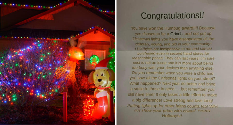 A photo of someone's home decorated in Christmas lights. Another photo of the anonymous neighbour's letter in the neighbourhood of Bownness in Calgary, Canada, which was posted on Reddit.