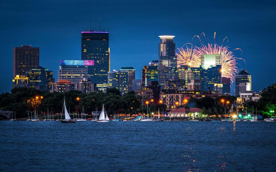 <p>Family fun prevails in Minneapolis, attracting more than 75,000 people to the Red, White, and Boom events on the downtown riverfront. On Monday, July 3, listen to live music starting at 7 p.m. and stay for the outdoor movie at dusk, featuring "Captain America." On the Fourth there’s a half-marathon, relay, and 5k run.</p> <p>Live music and family activities start at 6 p.m. leading up to fireworks at 10 p.m. on July 4. At Father Hennepin Bluffs Park and Mill Ruins Park, festivities include jugglers, magicians, face painting, live music, and food vendors. Or pack a picnic for a beach day at Lake Calhoun and stay for a great view of the downtown fireworks at night. Other recommended viewing spots are the Stone Arch Bridge over the Mississippi, Gold Medal Park, the Guthrie Endless Bridge, and the Mill City Museum, which requires tickets. Rooftop restaurants will also have great views.</p> <p>At 1 p.m. baseball fans can head to Target Field in the historic warehouse district downtown to see the Minneapolis Twins play the Los Angeles Angels. Members of the military will receive special discounts in recognition of their service.</p>