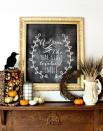 <p>As the seasons change, so can this chalkboard framed above this pretty, natural wood mantel. For fall, write your <a href="https://www.countryliving.com/life/g1897/fall-quotes/" rel="nofollow noopener" target="_blank" data-ylk="slk:favorite autumn quote;elm:context_link;itc:0;sec:content-canvas" class="link ">favorite autumn quote</a>, then fill in with pumpkins, wheat, and candles. </p><p><strong>See more at <a href="http://www.nestofposies-blog.com/2013/09/fall-harvest-chalkboard-mantel/" rel="nofollow noopener" target="_blank" data-ylk="slk:Nest of Posies;elm:context_link;itc:0;sec:content-canvas" class="link ">Nest of Posies</a>.</strong> </p>