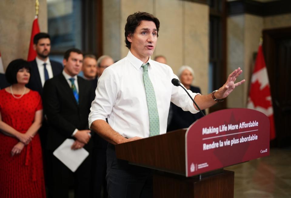 Prime Minister Justin Trudeau makes an announcement that the government will double the carbon price rebate for rural Canadians beginning next April during a news conference in Ottawa on Thursday Oct. 26, 2023. Trudeau also says there will be a temporary, three-year pause to carbon pricing measures that are applied to deliveries of heating oil, beginning in two weeks.