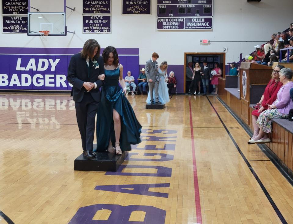 Elmore City-Pernell High School students participate in the annual promenade on April 12 in the school gym before their Junior/Senior Prom in Elmore City, Oklahoma. The 1984 movie "Footloose," released 40 years ago this year, is based on the successful efforts of Elmore City High School students to organize their first prom in 1980.