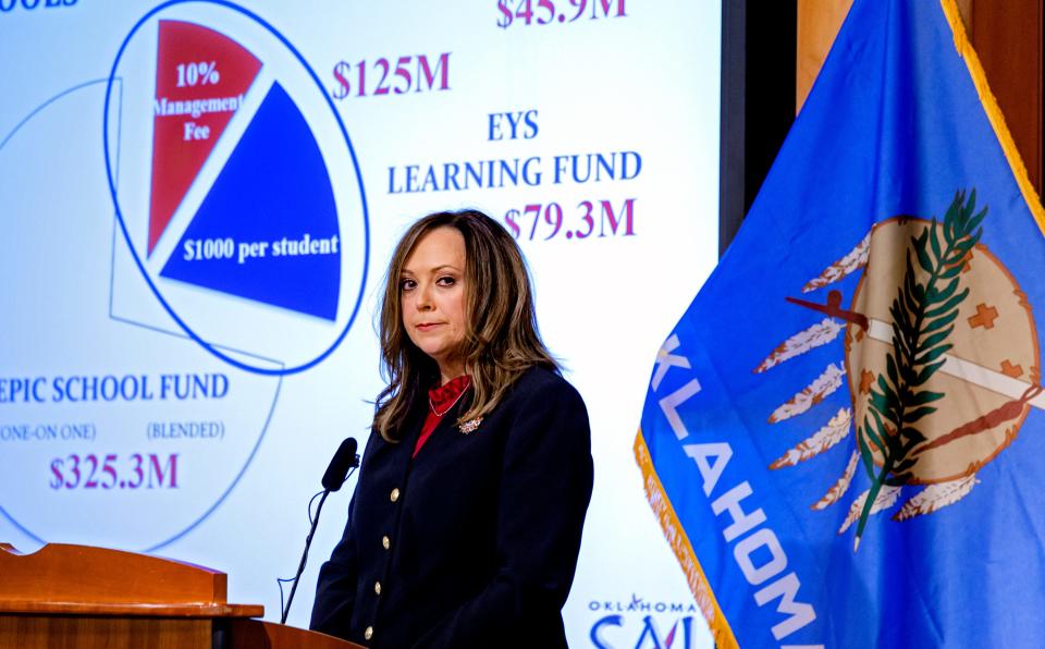 Oklahoma State Auditor and Inspector Cindy Byrd speaks during an October news conference on the release of an investigative audit of Epic Charter Schools.