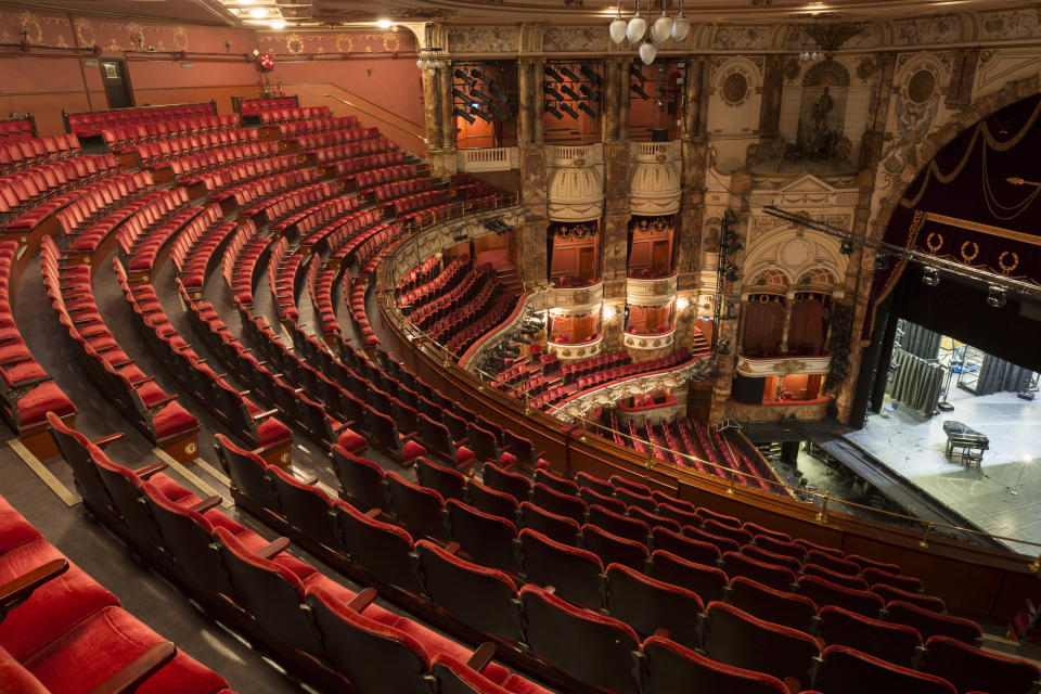 The empty auditorium of the London Coliseum, home of English National Opera ENO, remains closed for performances during the Coronavirus pandemic lockdown, on 7th July 2020, in London, England. The UKs theatre ticket revenue contributes £1.28bn to the nations economy, in which there are 290,000 jobs (70% are at risk) so the government has announced a financial rescue package for the Arts industry, a £1.15bn support for cultural organisations in England that is made up of £880m in grants and £270m of repayable loans. But theatre and opera companies such as ENO, whose last performance was The Marriage of Figaro on 14th March, will stay closed for the foreseeable future until there are changes in social distance and safety guidelines. The 2,395-seat Coliseum (1904) is a Baroque revival (Wrenaissance) style theatre, built as one of West End's largest and most luxurious variety theatres. (Photo by Richard Baker / In Pictures via Getty Images)