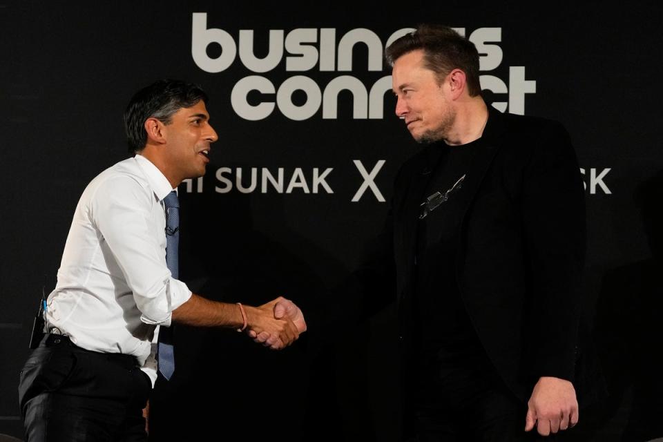 Rishi Sunak and Elon Musk at 2023's AI Safety Summit at Bletchley Park (AP)