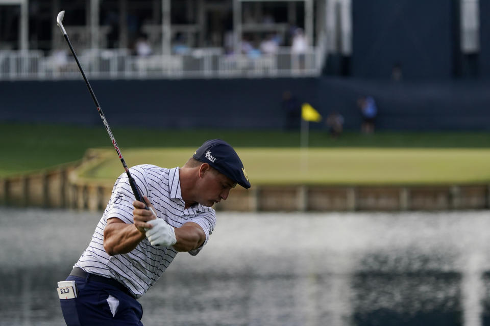 Bryson DeChambeau hits his tee shot on the 17th hole during the third round of The Players Championship golf tournament Saturday, March 13, 2021, in Ponte Vedra Beach, Fla. (AP Photo/John Raoux)