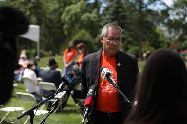 Saskatchewan Lt.-Gov. Russ Mirasty hosted a dedication ceremony at the site of a future residential school memorial, located beside Government House, on Monday. (Matt Duguid/CBC News - image credit)