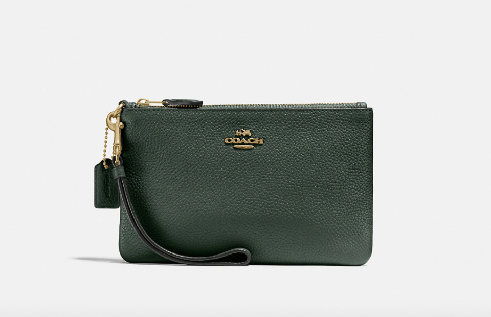 Coach Small Wristlet in Brass/Amazon Green (Photo via Coach)