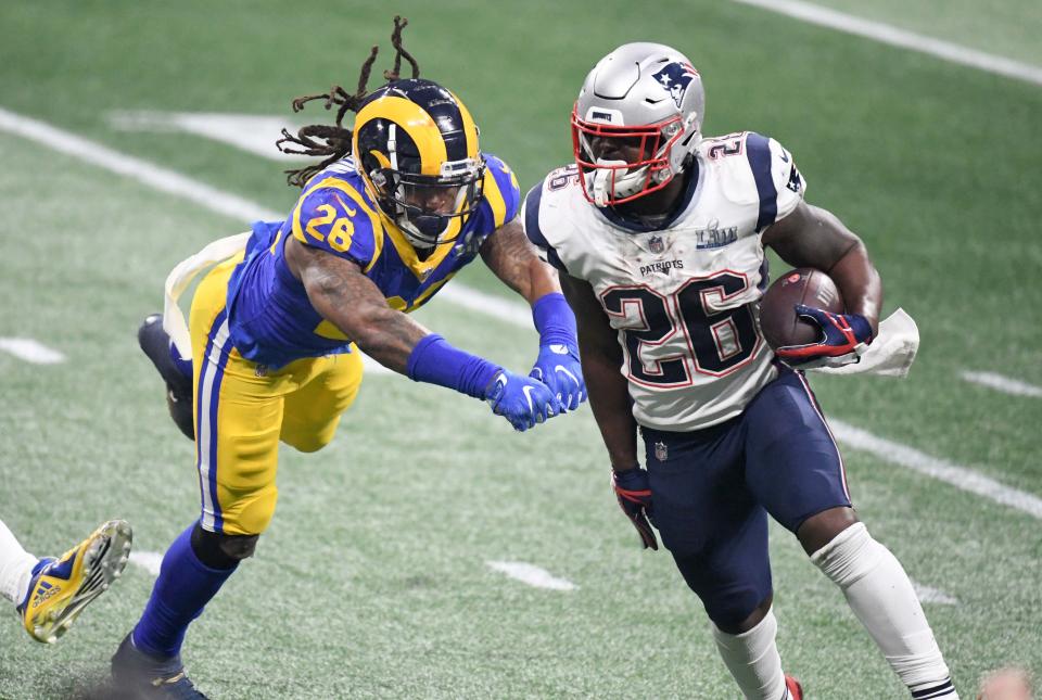 Former Patriots RB Sony Michel (26) rushed for 94 yards while scoring the only TD of New England's Super Bowl 53 victory against the Rams.