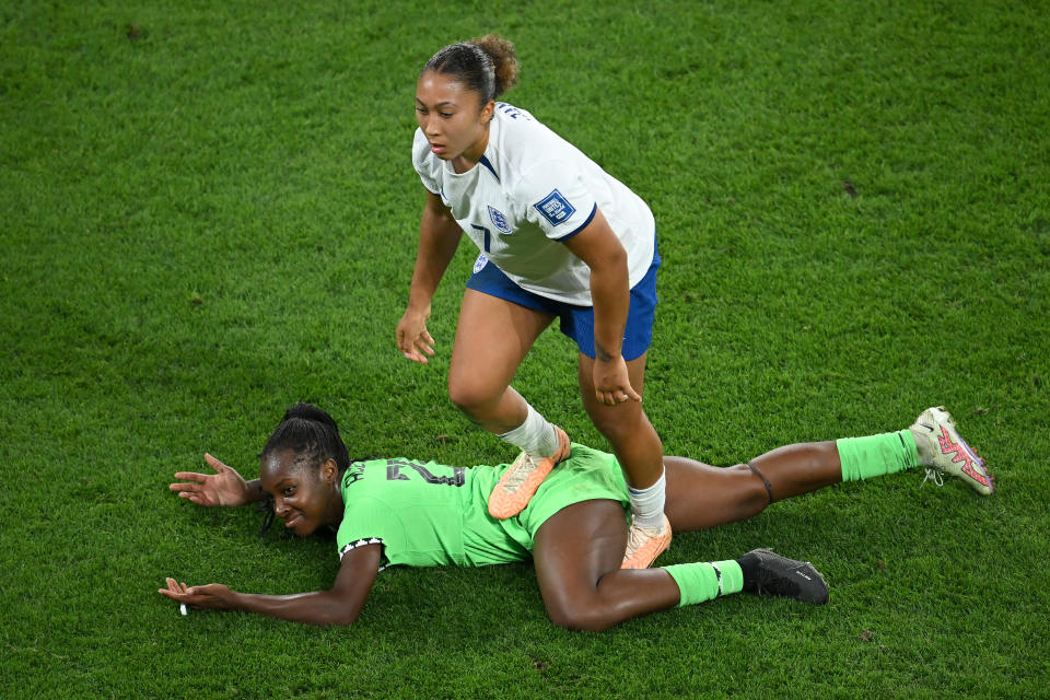 Lauren James was issued a red card for stomping on Nigeria's Michelle Alozie in the Women's World Cup. (Photo by Matt Roberts - FIFA/FIFA via Getty Images)