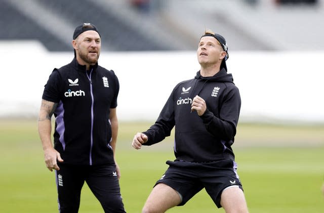 Ollie Pope in training with coach Brendon McCullum