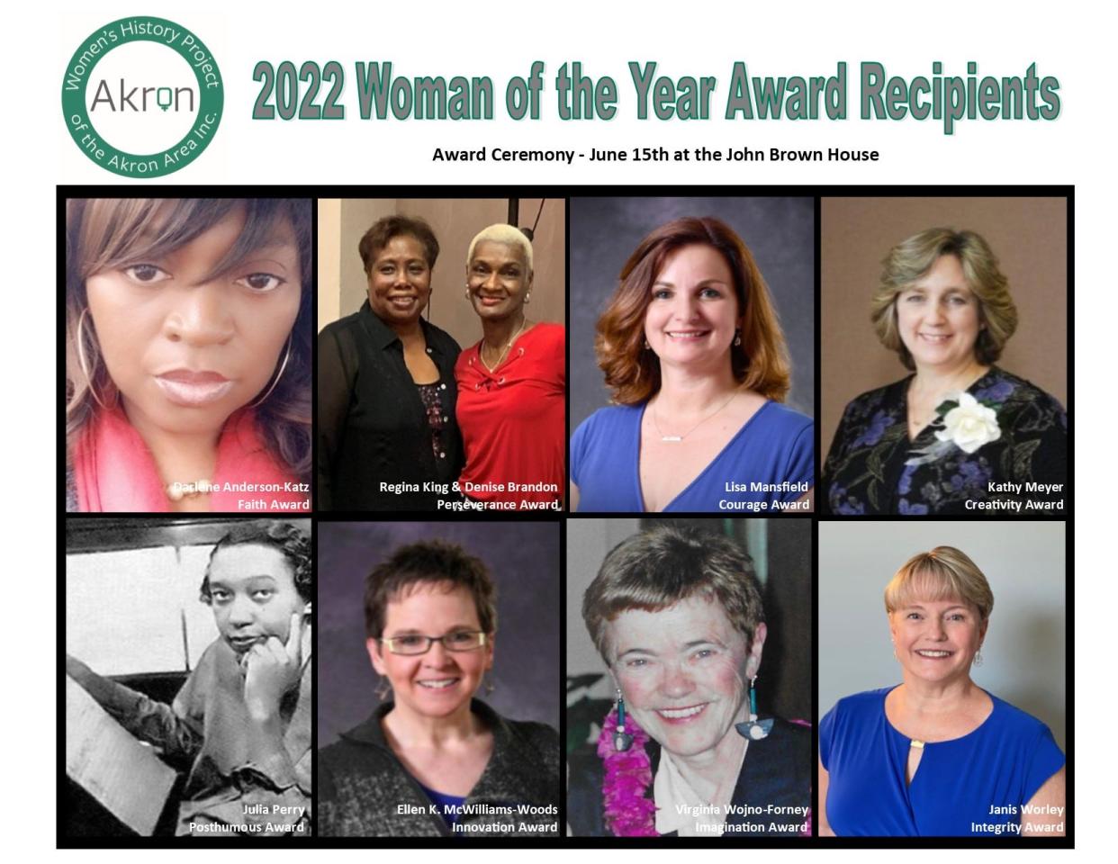 Nine local women will receive the Woman of the Year award for 2022 from the Women’s History Project of the Akron Area, a program of the Summit County Historical Society, at a June 15 ceremony at the John Brown House.