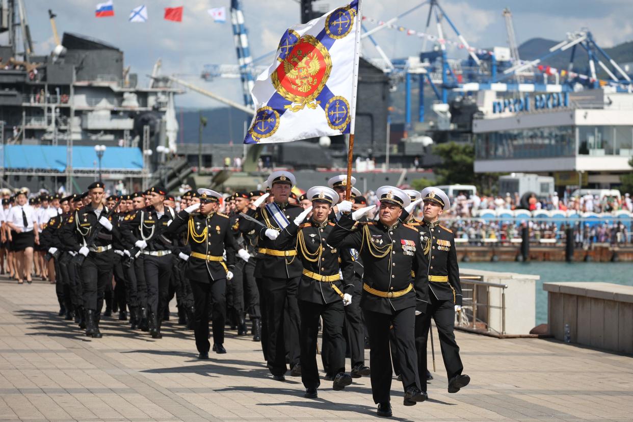 Sailors and marines parade during the Navy Day celebrations in the port city of Novorossiysk on July 30 (Stringer/AFP via Getty Images)