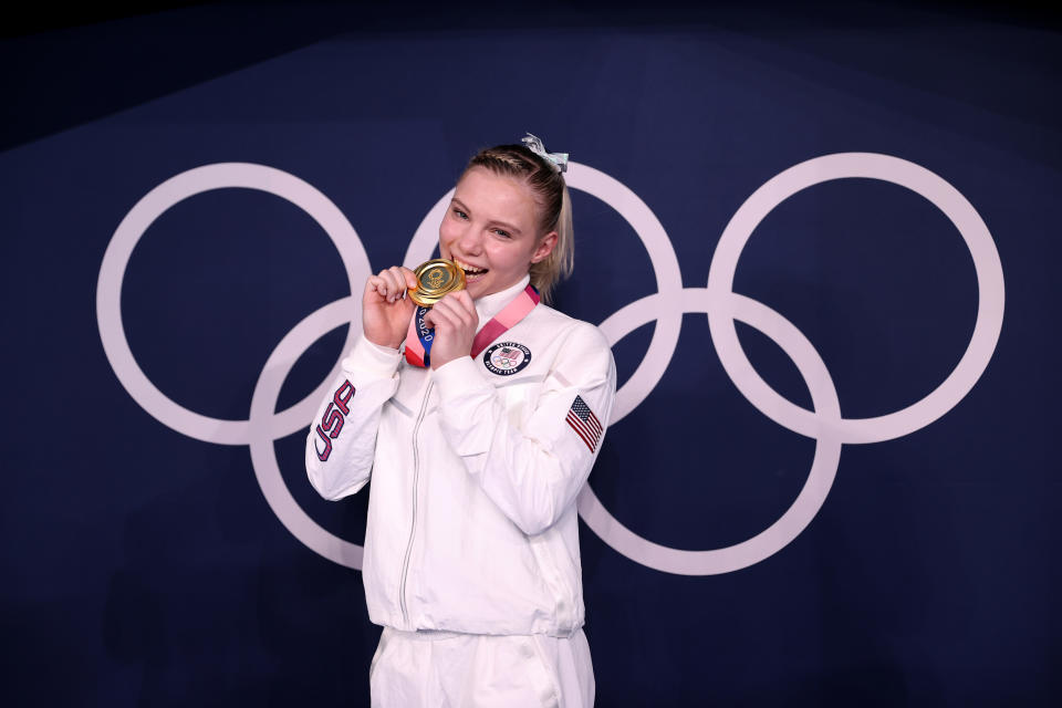 <p>TOKYO, JAPAN - AUGUST 02: Gold Medalist Jade Carey of Team USA poses with her medal after winning the Women's Floor Final on day ten of the Tokyo 2020 Olympic Games at Ariake Gymnastics Centre on August 02, 2021 in Tokyo, Japan. (Photo by Laurence Griffiths/Getty Images)</p> 