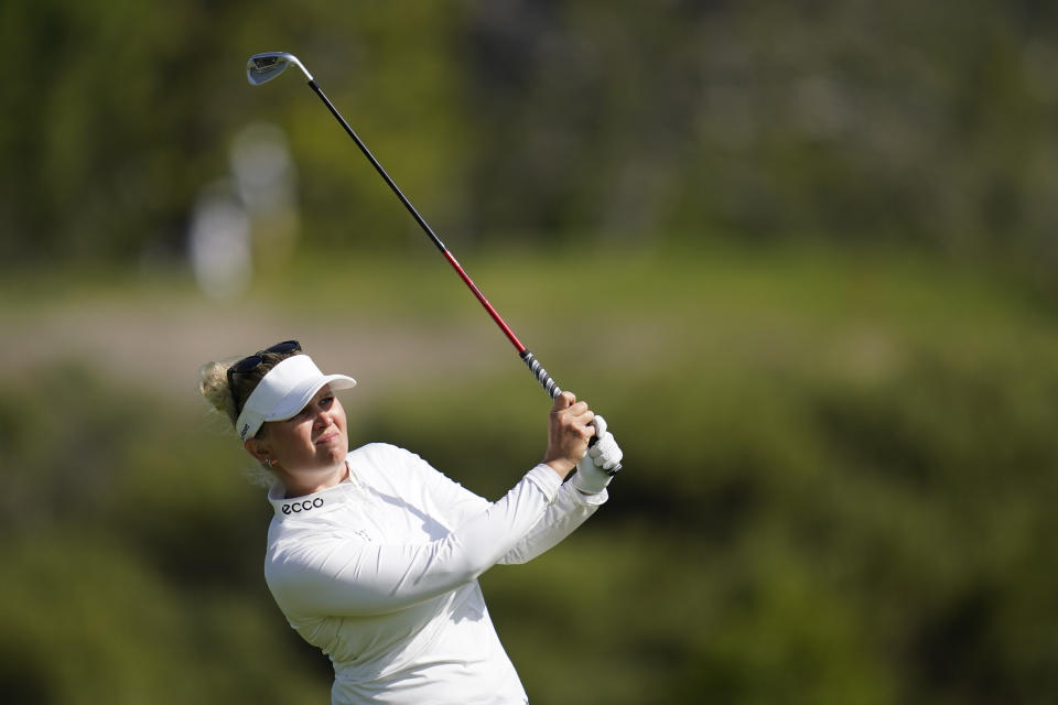 Nanna Koerstz Madsen hits from the fourth fairway during the second round of the LPGA's Palos Verdes Championship golf tournament on Friday, April 29, 2022, in Palos Verdes Estates, Calif. (AP Photo/Ashley Landis)