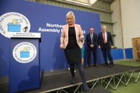 Sinn Fein's Michelle O'Neill after being officially elected as MLA at the Medow Bank election count centre on Saturday, May, 7, 2022, in Magherafelt , Northern Ireland. (AP Photo/Peter Morrison)