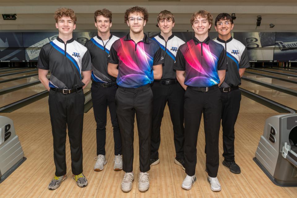 2023 All-City Boys Bowling Team. First row (left to right) Josh Hammons, Washburn Rural; Braxton Moop, Seaman; Ethan Burns, Seaman. Second row (left to right) Walker Thompson, Washburn Rural; Logan Glinka, Washburn Rural; Geo Peoples, Washburn Rural.