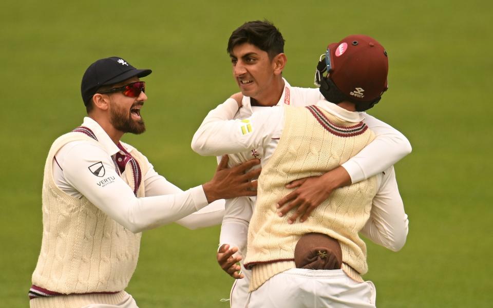 Shoaib Bashir of Somerset celebrates the wicket of James Vince of Hampshire during day four of the LV= Insurance County Championship Division 1 match between Somerset and Hampshire at Cooper Associates County Ground on July 13, 2023 in Taunton, England