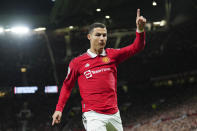 Manchester United's Cristiano Ronaldo gestures during the English Premier League soccer match between Manchester United and West Ham United at Old Trafford stadium in Manchester, England, Sunday, Oct. 30, 2022. (AP Photo/Jon Super)