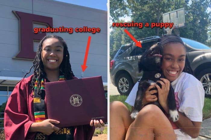 On the left is a photo of myself at my college graduation and on the right is a photo of my puppy and I with the caption "rescuing a puppy"