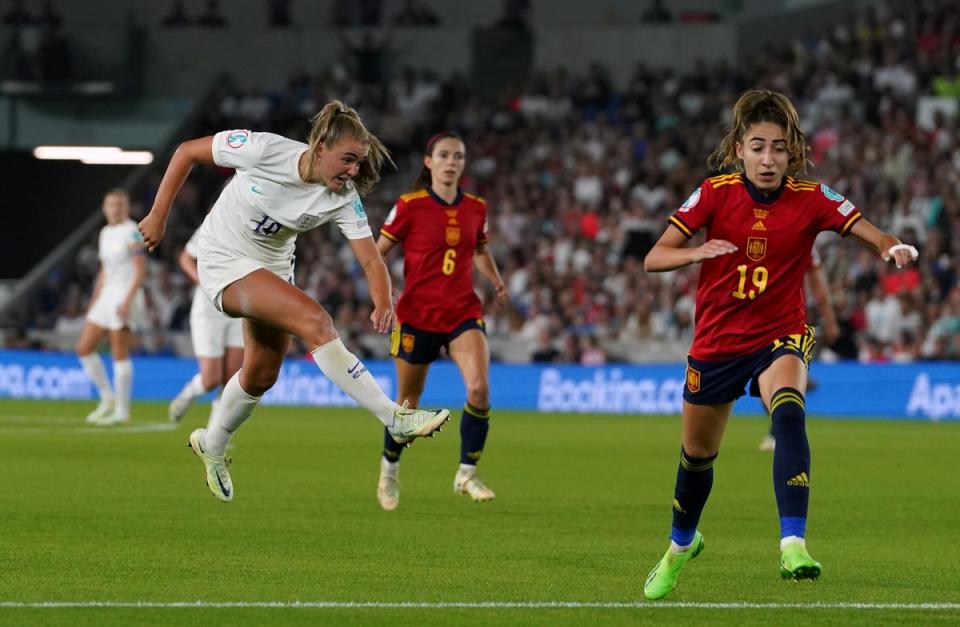 Georgia Stanway scoring her extra-time winner for England against Spain (Gareth Fuller/PA). (PA Wire)