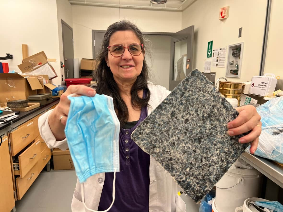 Denise Stilling, a mechanical engineer at the University of Regina, turns used face masks into materials for anything from countertops to pavement blocks. (Sam Samson/CBC - image credit)