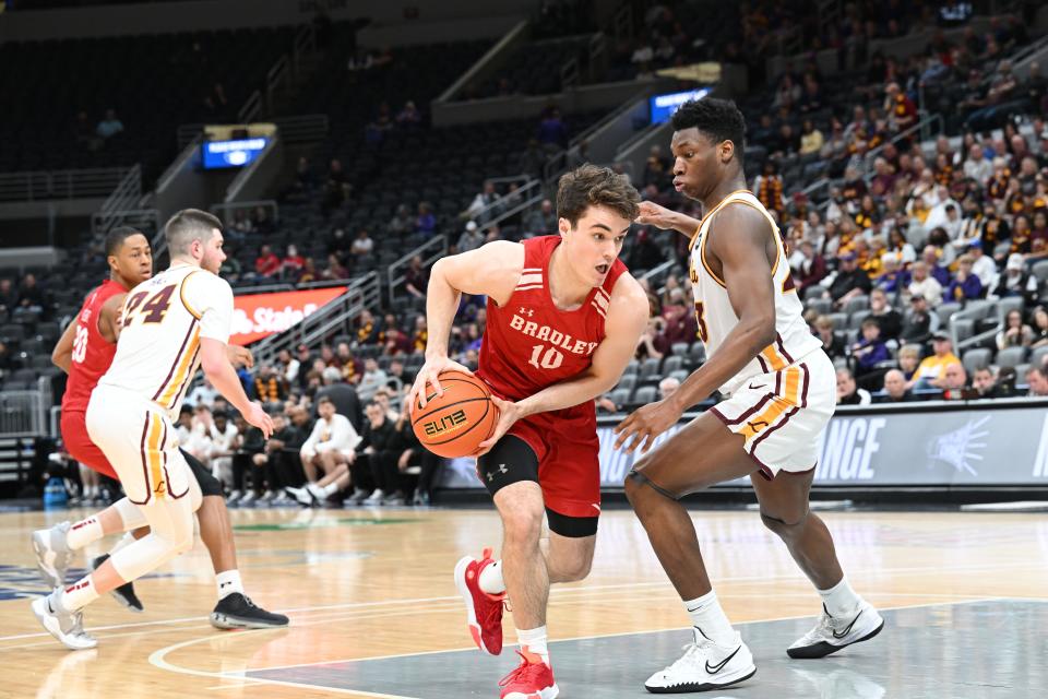 Bradley freshman guard Connor Hickman drives during the 2022 Missouri Valley Conference Tournament quarterfinal against Loyola on March 4, 2022 at Enterprise Center in St. Louis.