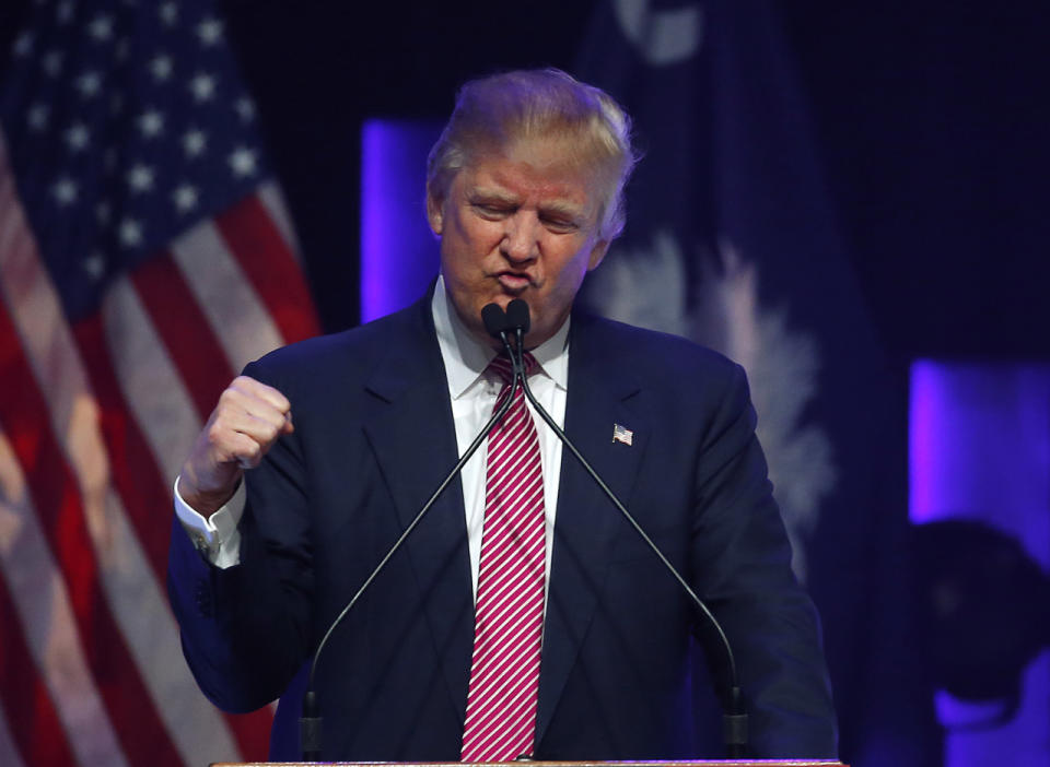 <p>Trump at a campaign stop, Feb. 15, 2016, in Greenville, S.C.<i> (Photo: Paul Sancya/AP)</i> </p>