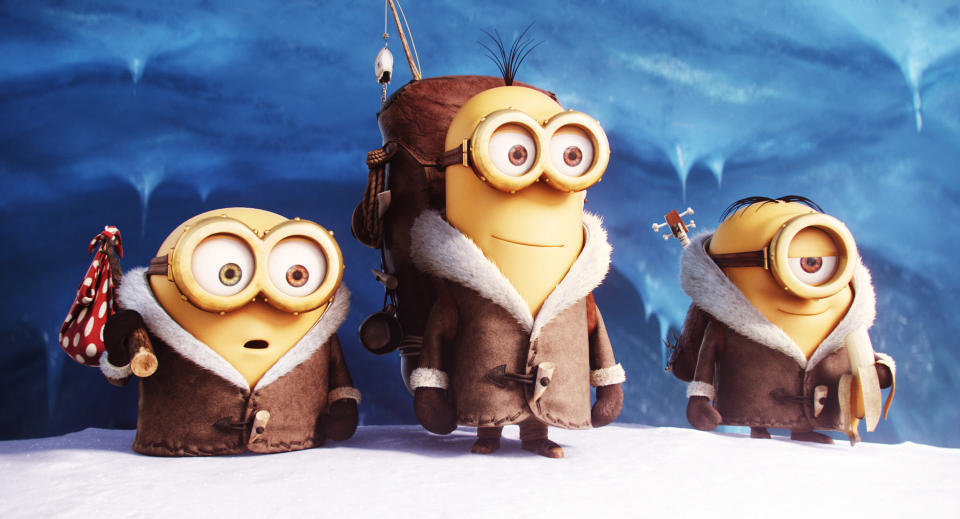 Three minions in snow gear