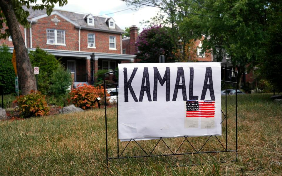 A handmade sign for Vice President Kamala Harris appears on a lawn in Washington on Sunday