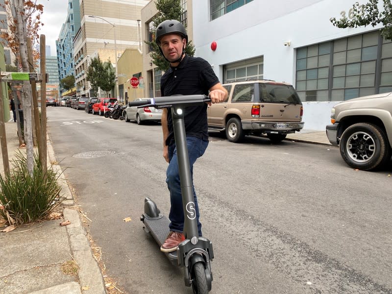 Scooter technology firm Superpedestrian founder and CEO Biderman shows the companyÕs new scooter in San Francisco