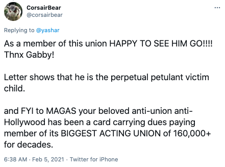 A union member said that they were 'happy to see Trump go'. Photo: Twitter.