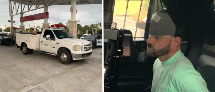 Stuart police say Rosniel Jimenez Gonzalez (R) spent more than an hour filling up hidden tanks in his white truck (L) using stolen cards.