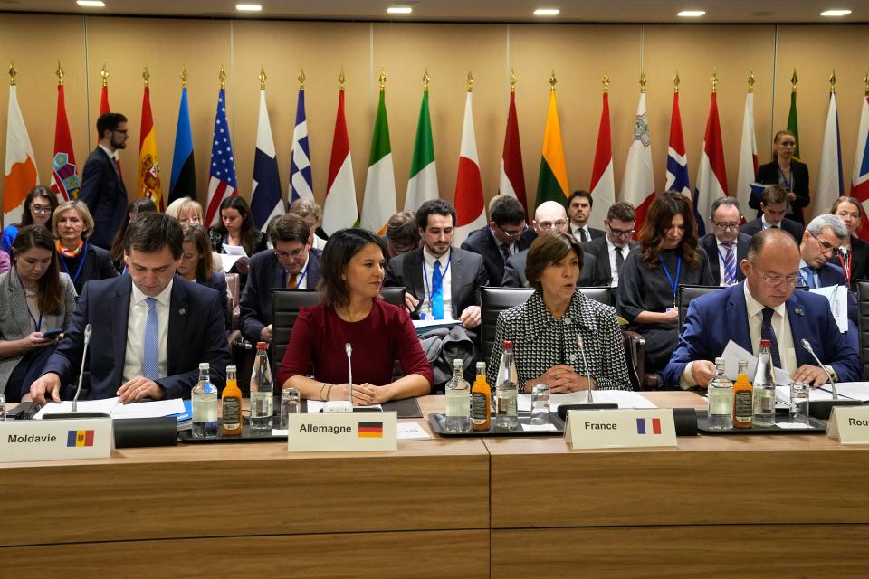 French Foreign Minister Catherine Colonna, second right, Germany’s Foreign Minister Annalena Baerbock, second left, Moldova’s Foreign Minister Nicu Popescu, left, and Romania’s Foreign minister Bogdan Aurescu attend a conference on Monday (AP)