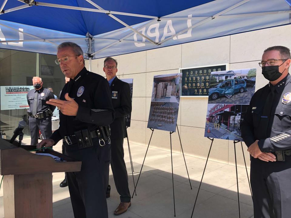 Los Angeles Police Chief Michel Moore talks during a news conference in Los Angeles on Monday, July 19, 2021. Moore said bomb technicians overloaded a detonation truck with homemade fireworks last month, causing a catastrophic explosion that injured 17 people. (AP Photo/Stefanie Dazio)